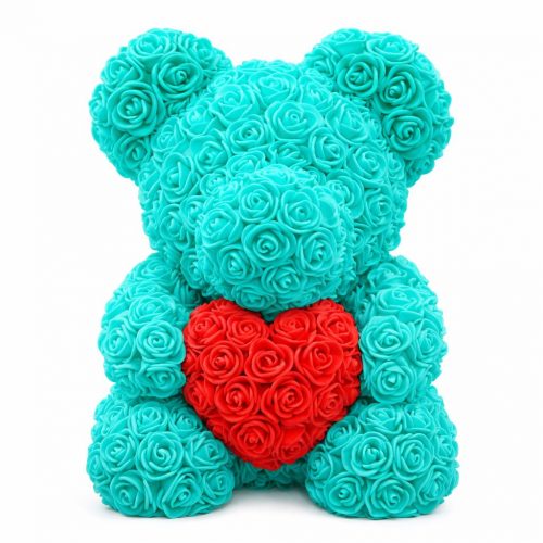Мишка из роз бирюзовый с красным сердцем (40 см)