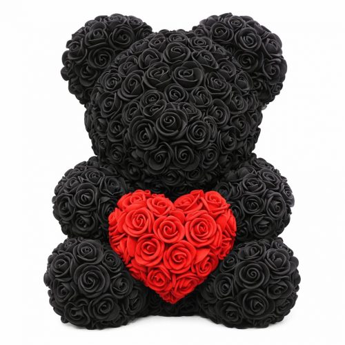 Мишка из роз черный с красным сердцем (40 см)